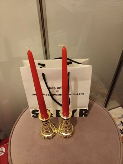 2 x gold festive Candle holders & dinner candles