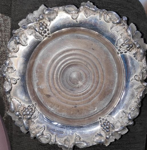 Antique silver plated  wine bottle coaster with wooden base