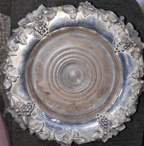 Antique silver plated  wine bottle coaster with wooden base
