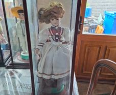 Collector's Porcelain Doll, In A very Large Mahogany Display Case, PRICE IS FOR 1 ONLY these came from a Pub contents,
