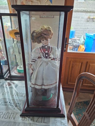 Collector's Porcelain Doll, In A very Large Mahogany Display Case, PRICE IS FOR 1 ONLY these came from a Pub contents,