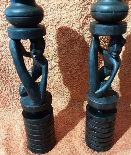 two vintage wooden candle holders
