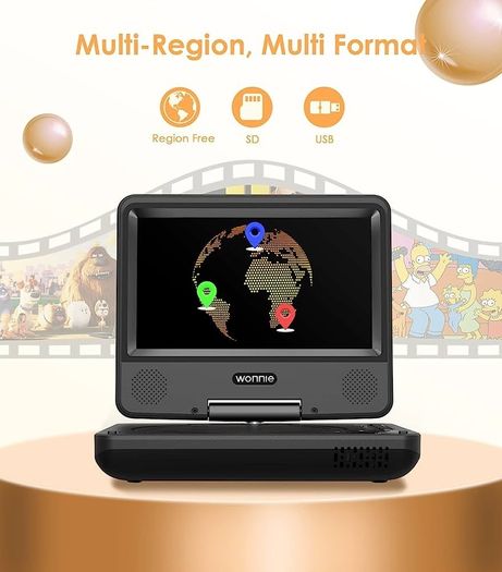 9.5" Portable DVD Player with 7" HD Swivel Screen for Kids and Car, Dual Stereo Speakers, Built-in Rechargeable Battery,Support (FREE SHIPPING)