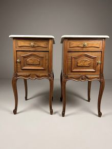 Exceptional Pair of Early 20th-Century Walnut & Marble-Top Bedside Cabinets
