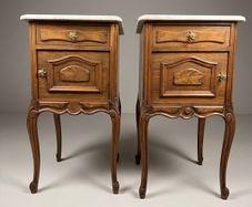 Exceptional Pair of Early 20th-Century Walnut & Marble-Top Bedside Cabinets