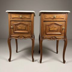 Exceptional Pair of Early 20th-Century Walnut & Marble-Top Bedside Cabinets