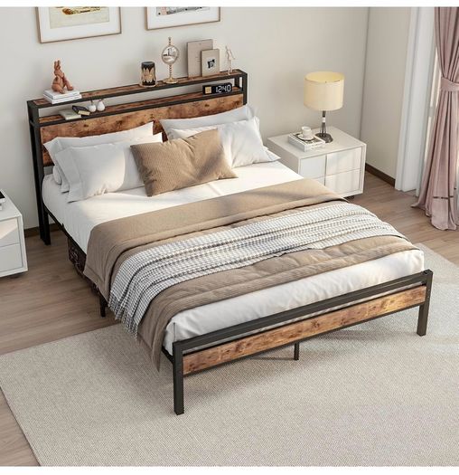 King Size Bed Frame with Storage Wooden Headboard,Bed