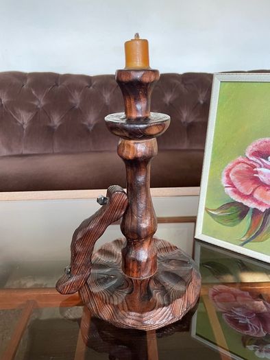 Primitive Candle Stick Antique Style Wood with Iron Tacks