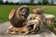 Adorable signed rustic tableau of hedgehog &amp; sparrow having a chat, with hidey holes for tiny field mice. Hand carved, a special Christmas gift