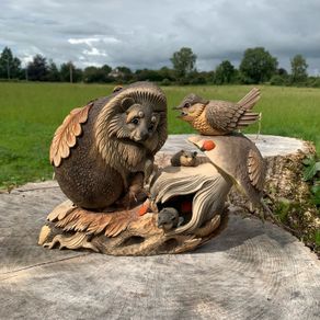Adorable signed rustic tableau of hedgehog & sparrow having a chat, with hidey holes for tiny field mice. Hand carved, a special Christmas gift