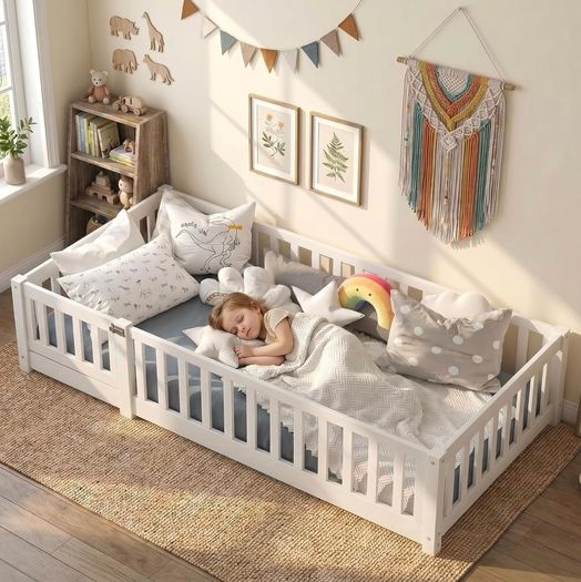 190x90 cm Toddler Floor Bed,3ft Montessori Floor Bed with Rails & Lockable Door,Single Children's Beds for Toddlers,Kids,Fall Protection Including Slatted Frame,White Solid Pine