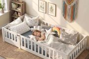 190x90 cm Toddler Floor Bed,3ft Montessori Floor Bed with Rails &amp; Lockable Door,Single Children's Beds for Toddlers,Kids,Fall Protection Including Slatted Frame,White Solid Pine