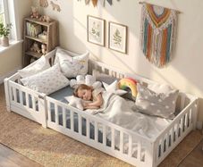 190x90 cm Toddler Floor Bed,3ft Montessori Floor Bed with Rails & Lockable Door,Single Children's Beds for Toddlers,Kids,Fall Protection Including Slatted Frame,White Solid Pine