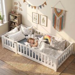 190x90 cm Toddler Floor Bed,3ft Montessori Floor Bed with Rails & Lockable Door,Single Children's Beds for Toddlers,Kids,Fall Protection Including Slatted Frame,White Solid Pine