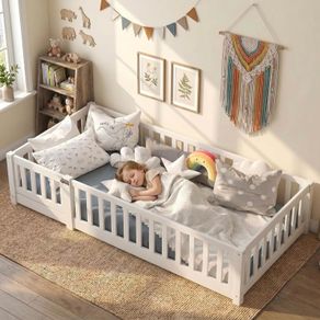 190x90 cm Toddler Floor Bed,3ft Montessori Floor Bed with Rails & Lockable Door,Single Children's Beds for Toddlers,Kids,Fall Protection Including Slatted Frame,White Solid Pine