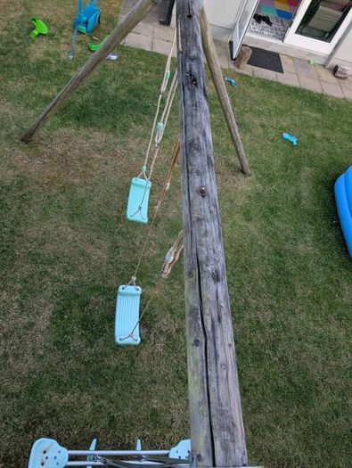 double swing set and slide