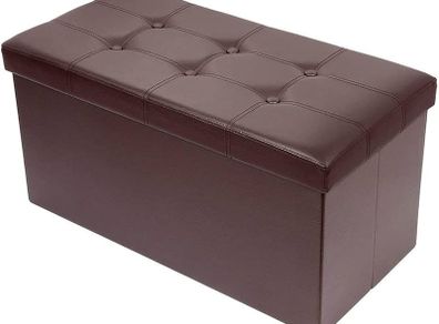 NEW SALE | Folding Ottoman Bench Storage Box with Lid, Large Storage Seat Faux Leather Footstool Toy Storage Box, Brown, 76 x 38 x 38 cm