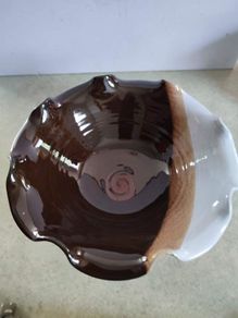 The cat and the moon Paul Maloney POTTERY Handmade in Wexford 20 cm. scalloped brown deep dish.
