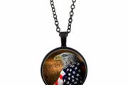 Eagle and American Flag Photo black Cabochon Glass Pendant Chain Necklace