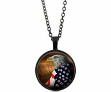 Eagle and American Flag Photo black Cabochon Glass Pendant Chain Necklace