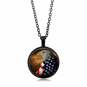 Eagle and American Flag Photo black Cabochon Glass Pendant Chain Necklace