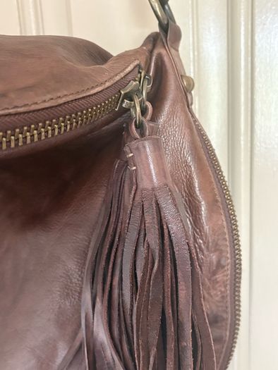 All saints distressed genuine leather Spitalfields multi tassel adjustable bag