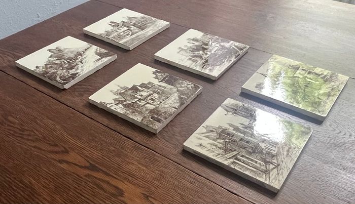Set of 6 Antique Minton 'The Views' Victorian Tiles c.1885