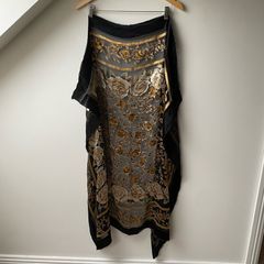 Sheer Silk Floral Scarf Wrap Black & Gold Large Rose Print Shawl / Pareo