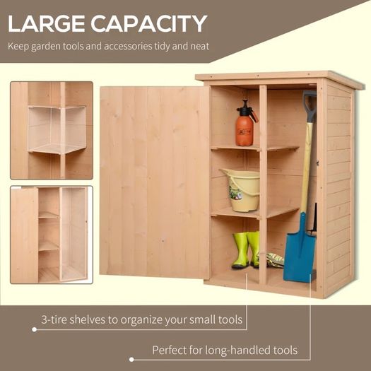 NEW SALE | 75L x 56W x115Hcm Fir Wood Garden Storage Shed w/ Shelves Wood Tone