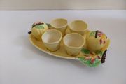 Delightful Rare and Complete Carlton Ware Saladware Egg Cup Cruet Set in the Embossed Apple Blossom Pattern, Yellow Colourway, Circa 1938