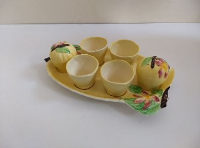 Delightful Rare and Complete Carlton Ware Saladware Egg Cup Cruet Set in the Embossed Apple Blossom Pattern, Yellow Colourway, Circa 1938