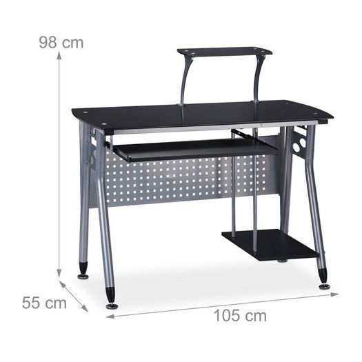 Modern Glass Computer Desk with Pull-Out Keyboard Tray and Storage Shelf