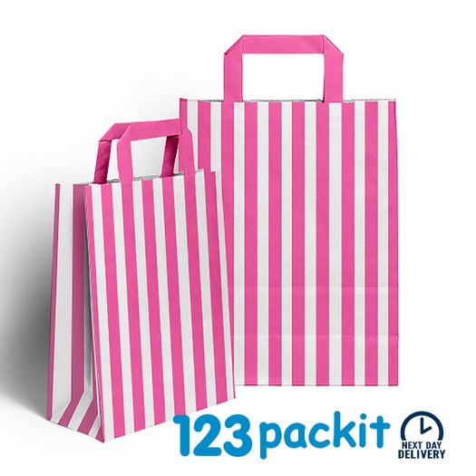 Lot of 20 pcs Shocking Pink stripe Candy bags with handles size 18 x 23 x 8 cm excellent for parties, b'day, wedding, candy cart , Sweet bags with handles