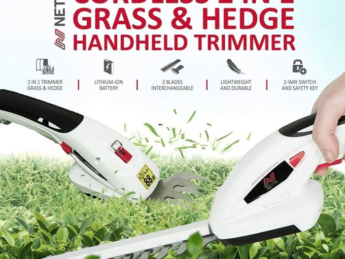 2in1 Grass Shear & Hedge Trimmer with 7.2V Rechargeable 1500mAh Lithium-Ion Battery, Edging and Shrub Shear, 2 Interchangeable Blades, Lightweight, Garden Cutting Edge Trimmer, Pruner - Handheld (FREE POSTAGE)