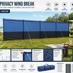 Wind Shield Privacy & Sun Protection Crossbars 600x140 cm Camping Beach Garden