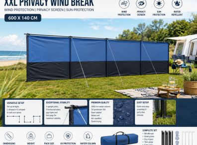 Wind Shield Privacy & Sun Protection Crossbars 600x140 cm Camping Beach Garden