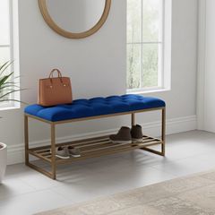Royal Blue Velvet Bench with Gold Metal Shoe Rack