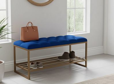 Royal Blue Velvet Bench with Gold Metal Shoe Rack
