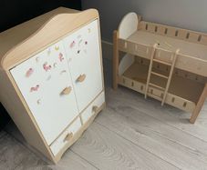 wooden bunkbed, wooden wardrobe