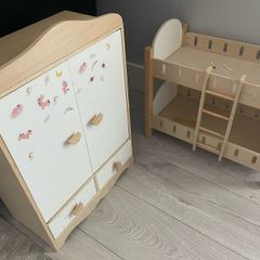wooden bunkbed, wooden wardrobe
