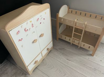 wooden bunkbed, wooden wardrobe