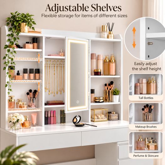 White Dressing Table with LED Mirror, Drawers and Storage Shelves
