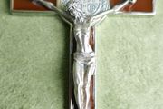 Vintage Religious Large metal and brown enamel Cross Christus Corpus Crucifix INRI and St Benedict charm, St Benedictus Cross pendant charm