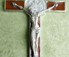 Vintage Religious Large metal and brown enamel Cross Christus Corpus Crucifix INRI and St Benedict charm, St Benedictus Cross pendant charm