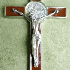 Vintage Religious Large metal and brown enamel Cross Christus Corpus Crucifix INRI and St Benedict charm, St Benedictus Cross pendant charm