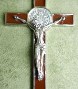 Vintage Religious Large metal and brown enamel Cross Christus Corpus Crucifix INRI and St Benedict charm, St Benedictus Cross pendant charm