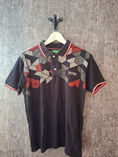 Hugo Boss Green Label Men's L Polo Shirt Black Geometric Graphic Short Sleeve