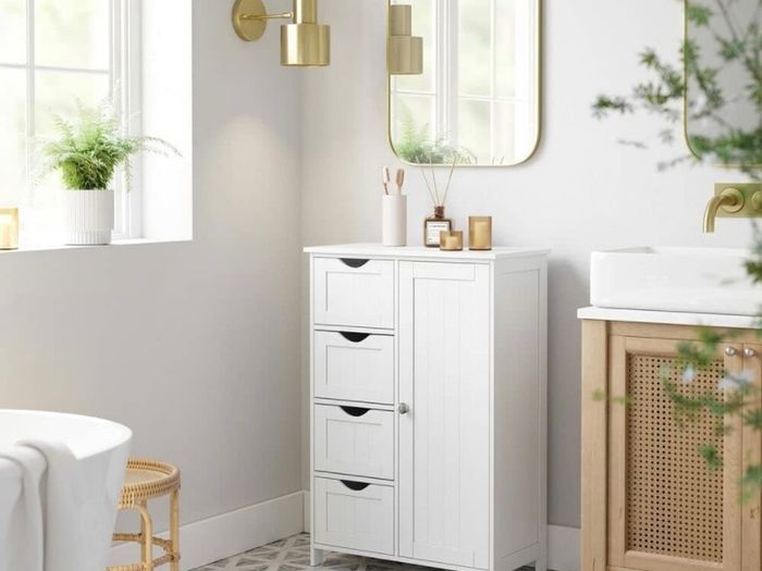 Bathroom Floor Storage Cabinet, Wooden Storage Unit with 4 Drawers, Single Door, Adjustable Shelf, for Living Room, Kitchen, Entryway, White (FREE POSTAGE)