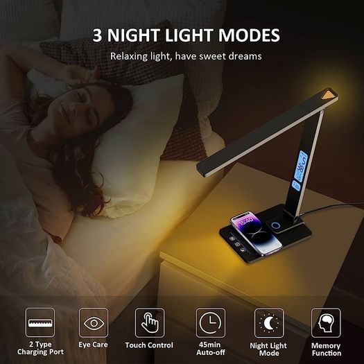 LED Desk Lamp with Wireless Charger, USB Charging Port, 5 Colors 5 Brightness Dimmable Eye-Caring Desk Lamp, Night Lights, Clock & Calendar & Temperature Table Lamp for Home Office MULTIPLE COLOURS AVAILABLE (FREE SHIPPING)