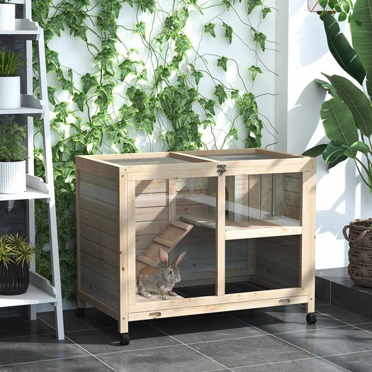Wooden Rabbit Hutch Guinea Pigs House Bunny Small Animal Cage w/ Pull-out Tray Openable Roof Wheels, Natural